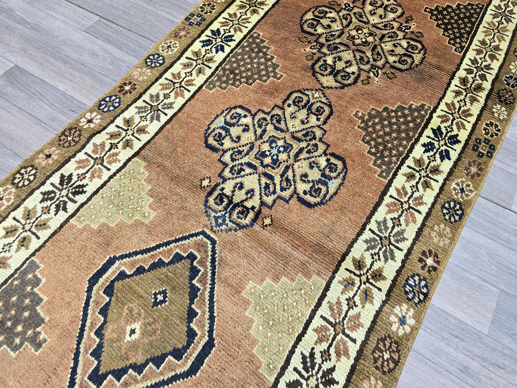 Vintage Turkish Runner Rug: 3x10 Brown Wool Hallway Oushak Rug