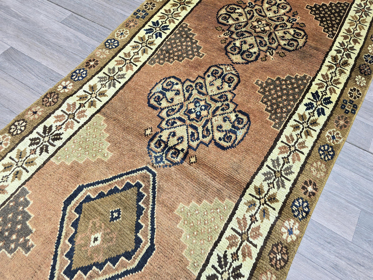 Vintage Turkish Runner Rug: 3x10 Brown Wool Hallway Oushak Rug