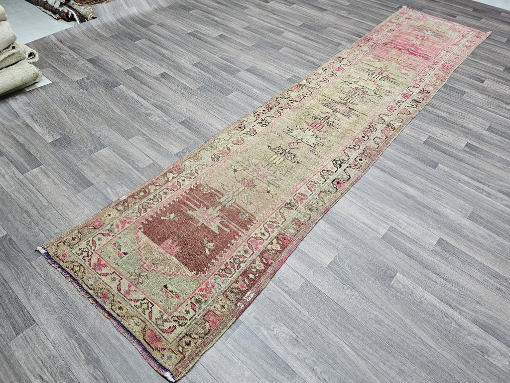 Vintage Turkish Wool Runner Rug: 3x12 Pastel Tribal Hallway Rug