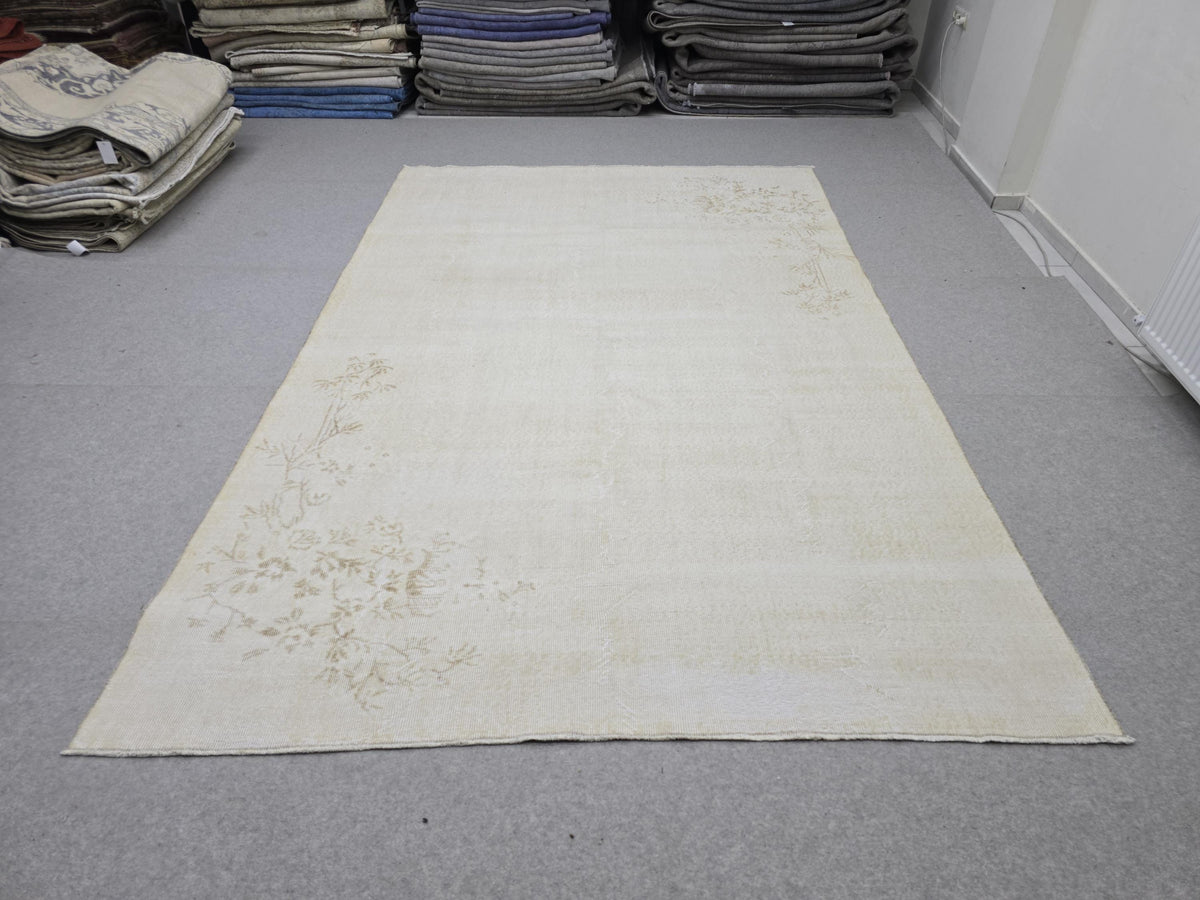 Large Vintage Turkish Rug 7x10, Neutral Beige Area Rug, Hand-Knotted Floral Wool Carpet, Muted Aesthetic Home Decor, Soft Cream Oushak Rug