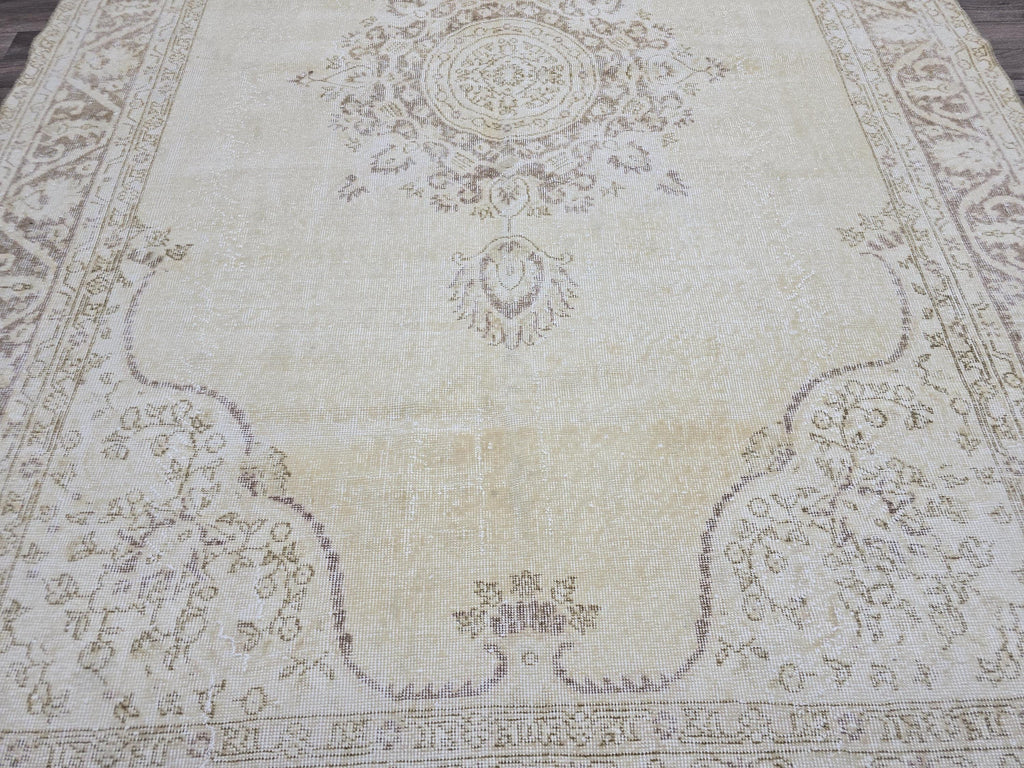 7x10 Vintage Turkish Oushak Rug 7x10: Neutral Medallion Turkish Carpet beige brown