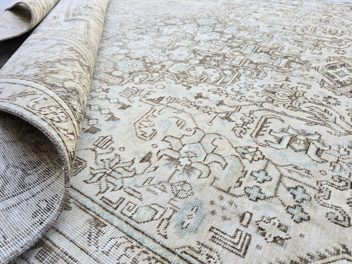 Turkish Rug 8x11, Vintage Hand Knotted Wool Rug, Sand Beige Blue Accent Area Rug for Living Room, Faded Tribal Carpet, Farmhouse Decor