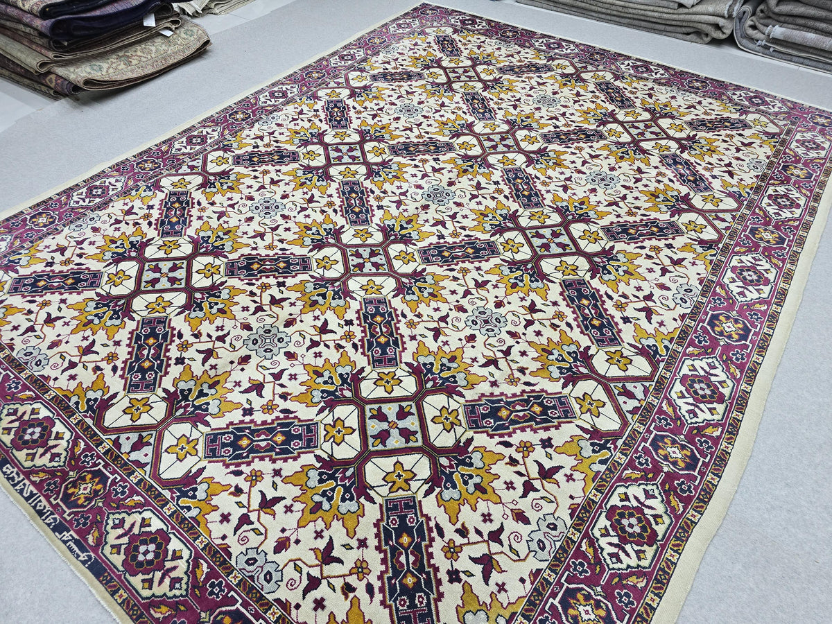 Turkish Rug 9x11 Vintage Hand Knotted Ivory Cream Floral Area Rug | Gold Magenta Navy | Living Room Boho Retro Decor
