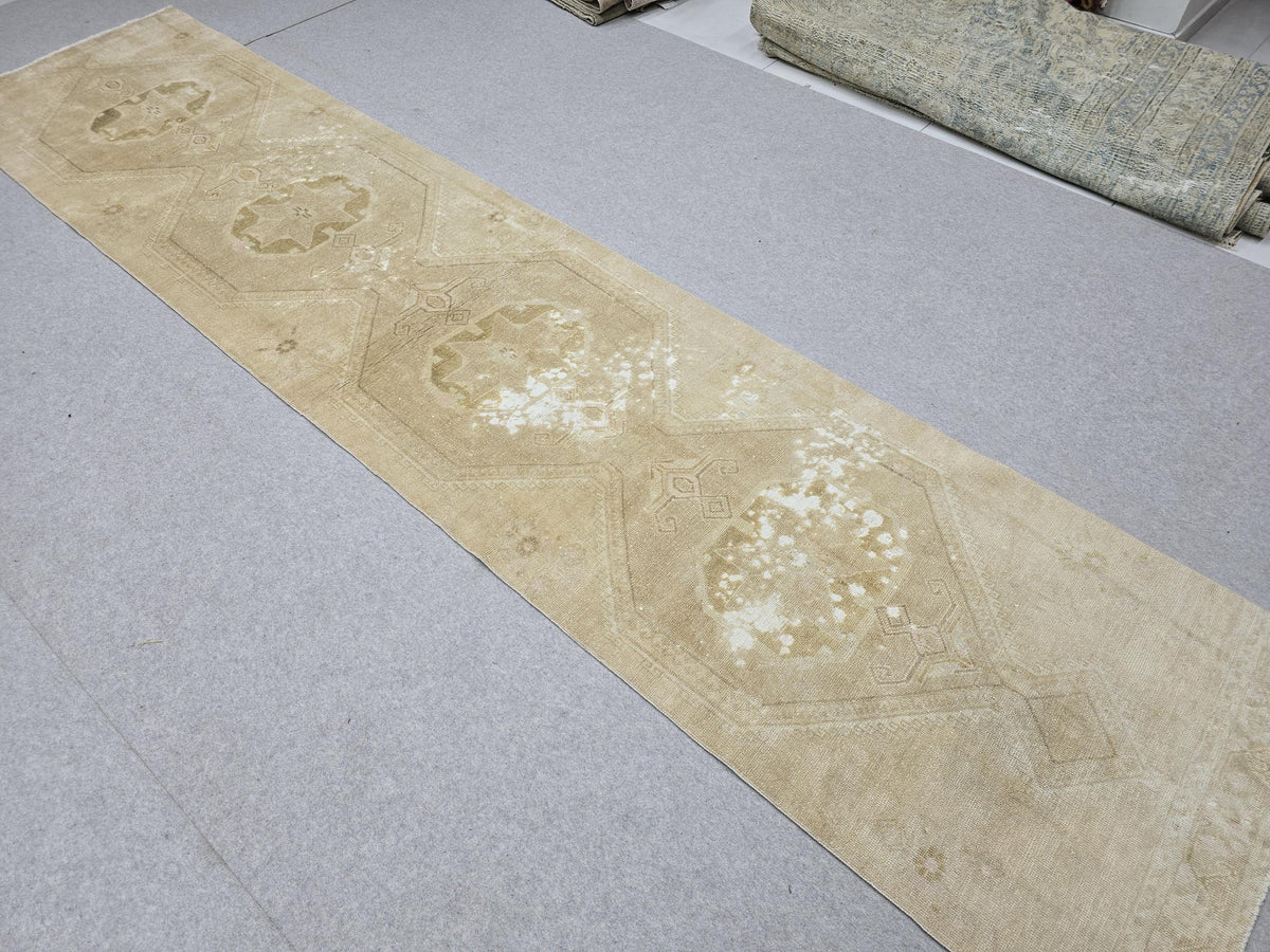Turkish Rug 3x13, Antique Neutral Runner, Hand Knotted Wool Oushak Runner, Faded Camel Beige Hallway Carpet, Distressed Boho Stair Rug