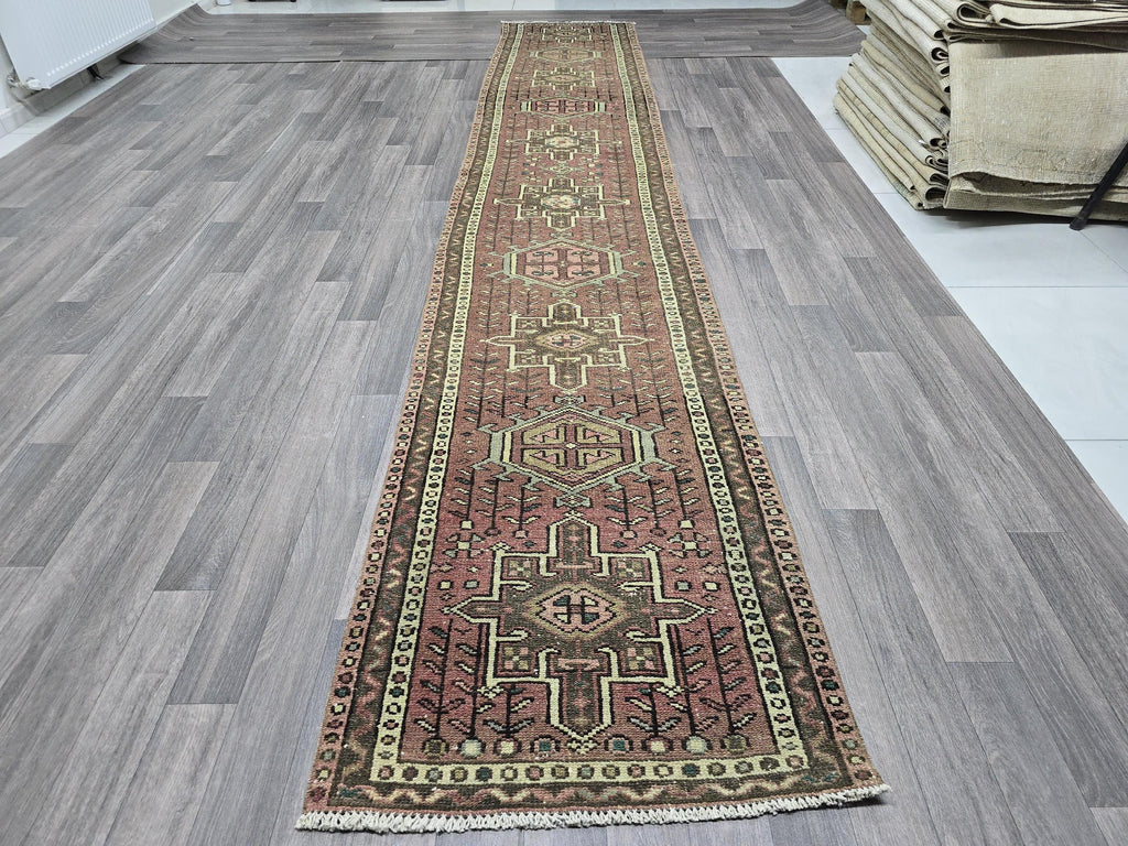 Hand Knotted Wool Heriz Runner Rug: 2.5x14 Long Anatolian Hallway Carpet