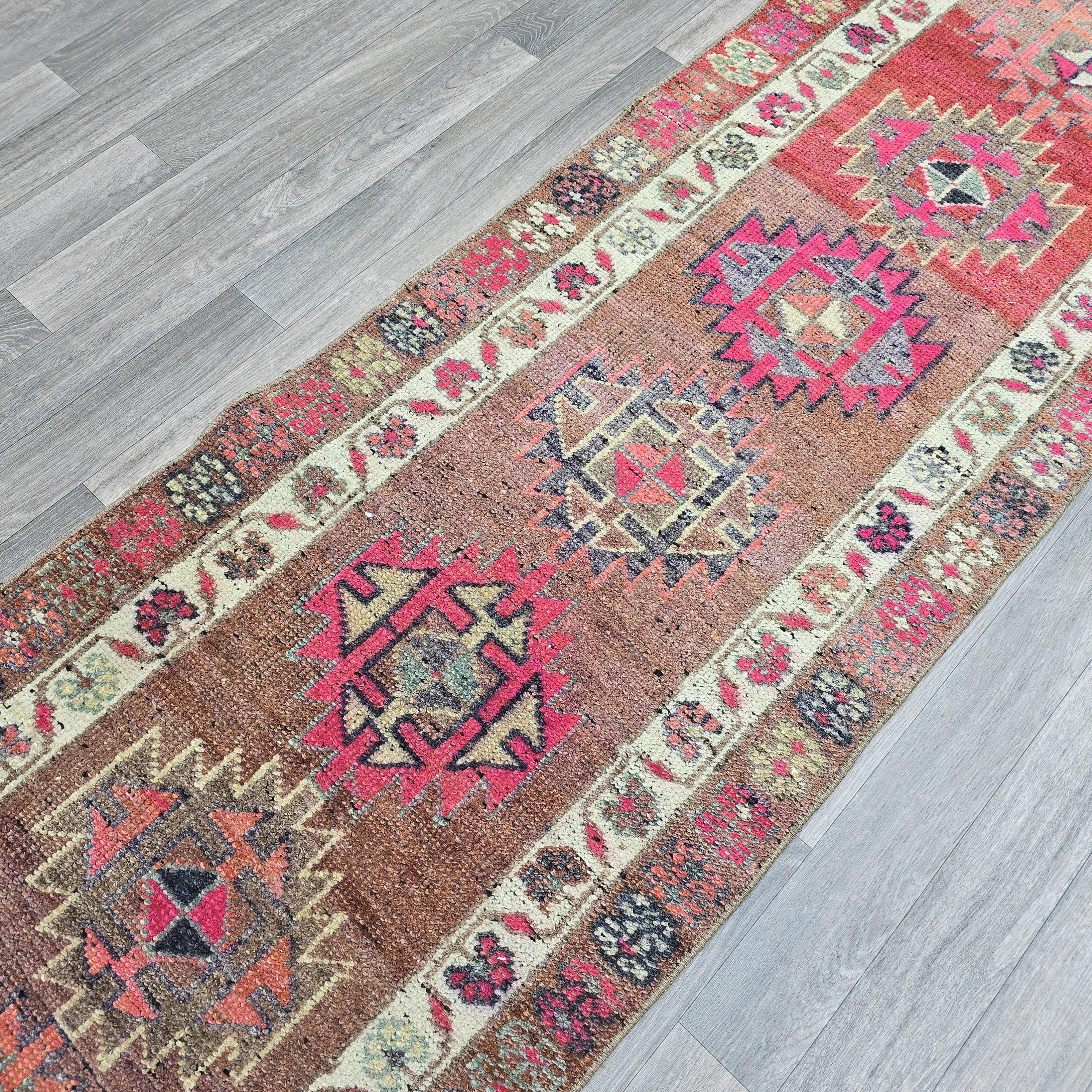 Vintage Turkish Oushak Runner Rug: Pink & Blue Wool Hallway Carpet