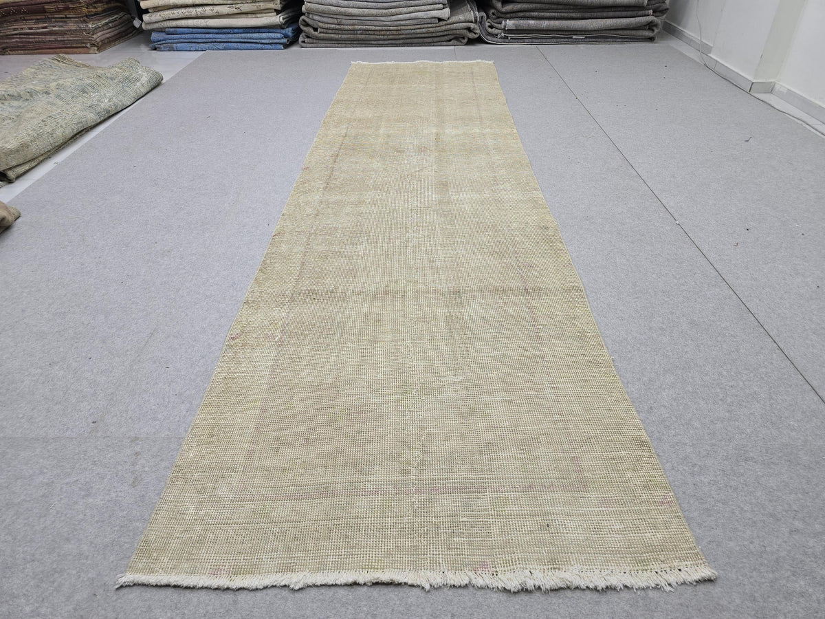 3x12 Oushak Runner Rug, Faded Solid Beige Turkish Wool Hallway Runner, Distressed Minimalist Anatolian Corridor Rug, Neutral Boho Decor