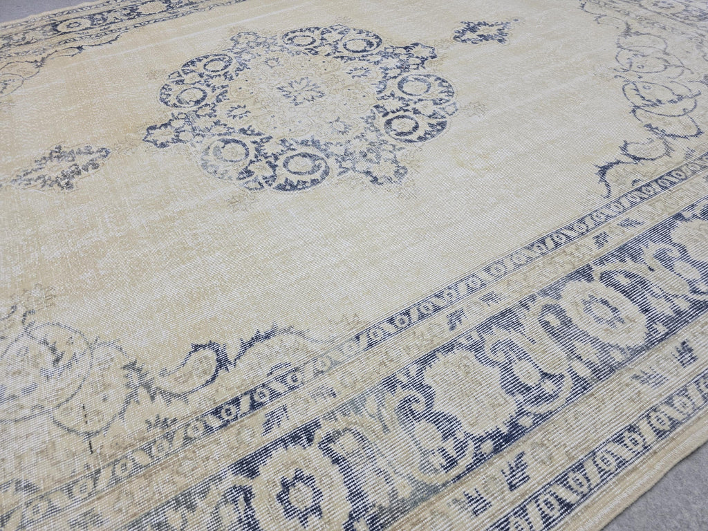 8x10 Faded Oushak Wool Area Rug Handmade Vintage Turkish Beige Blue Oriental Carpet