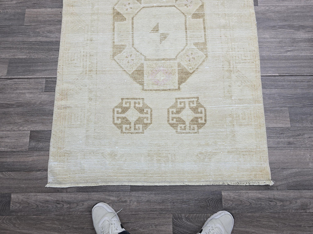 Handwoven Oushak Runner Rug: 3.5x12.7 ft, Neutral Turkish Vintage Rug