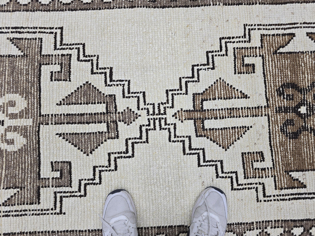 Wool Turkish Runner, Hand-Knotted Cream Brown Boho Hallway Rug