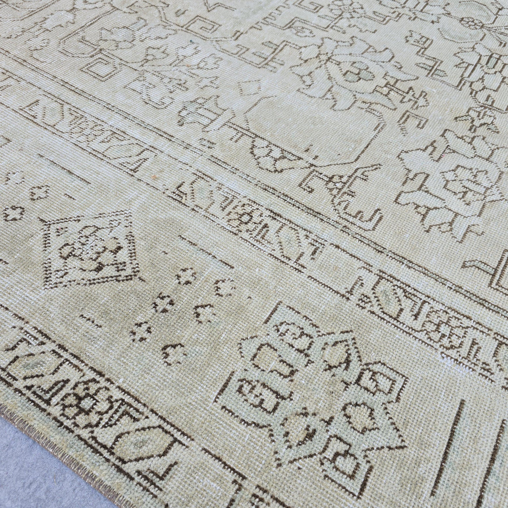 Neutral Vintage Rug 9x12 Cream Geometric Medallion Hand Knotted Turkish Wool Muted Rug