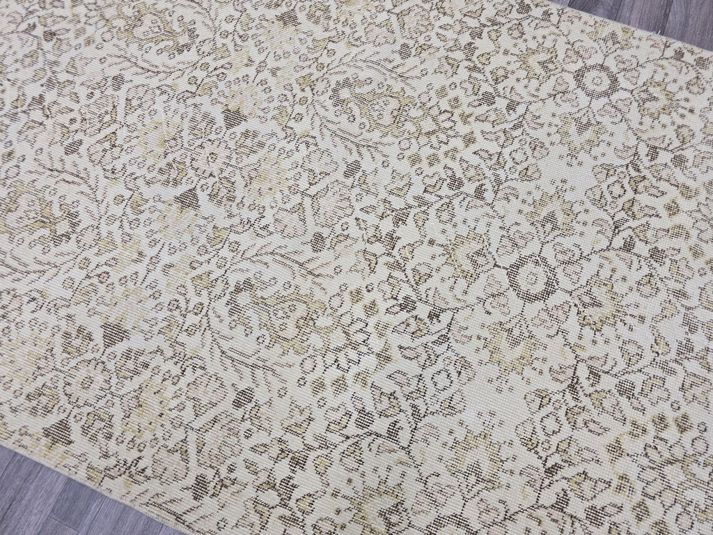 Vintage Turkish Oushak Runner Rug 4x7: Beige Wool Hallway Carpet