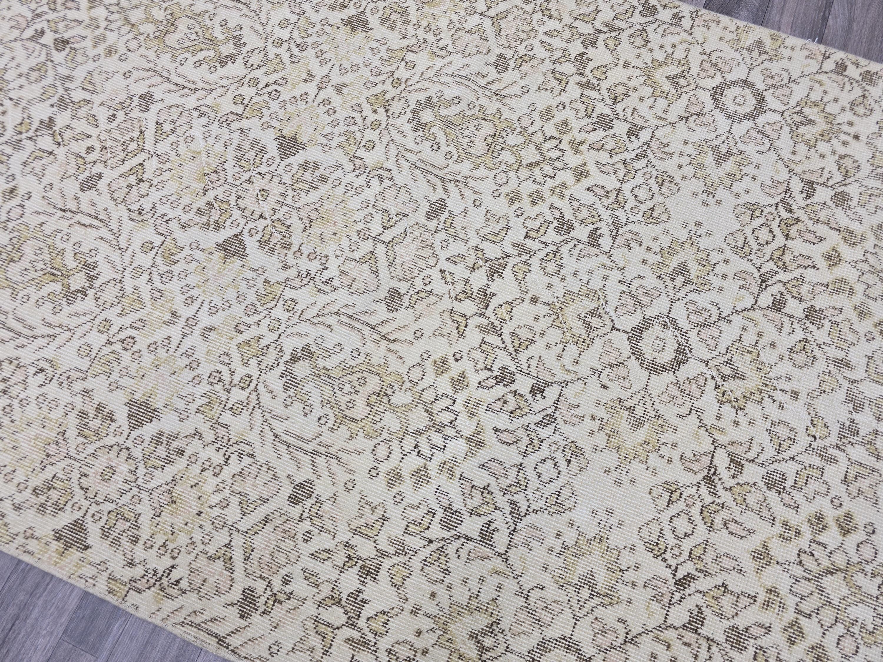 Vintage Turkish Oushak Runner Rug 4x7: Beige Wool Hallway Carpet