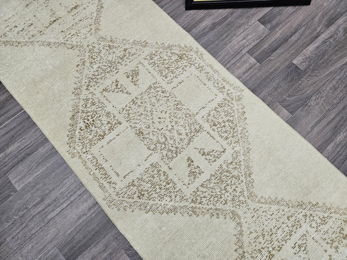 Vintage Oushak Runner Rug: 3x12.25 ft, Neutral Turkish Wool Rug