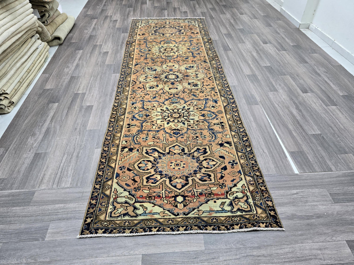 Wide Anatolian Runner Rug - Handwoven Vintage Runner Rug: Anatolian-Inspired Boho Hallway Decor (3.40 x 10 Ft) - Authentic Oushak Runner