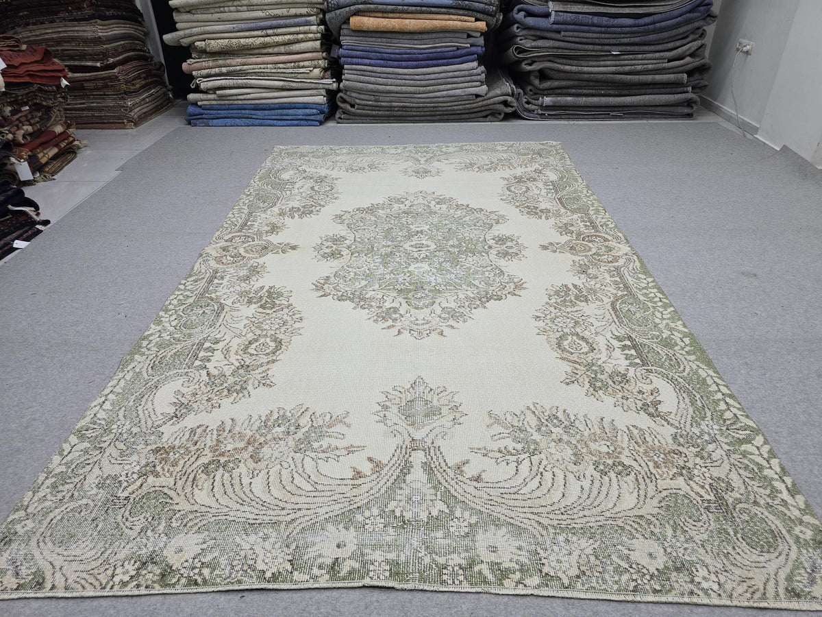 Muted Vintage Rug 6x10, Cream Green Floral Area Rug, Distressed Turkish Rug, Hand Knotted Wool Medallion Carpet, Scandinavian Bedroom Decor