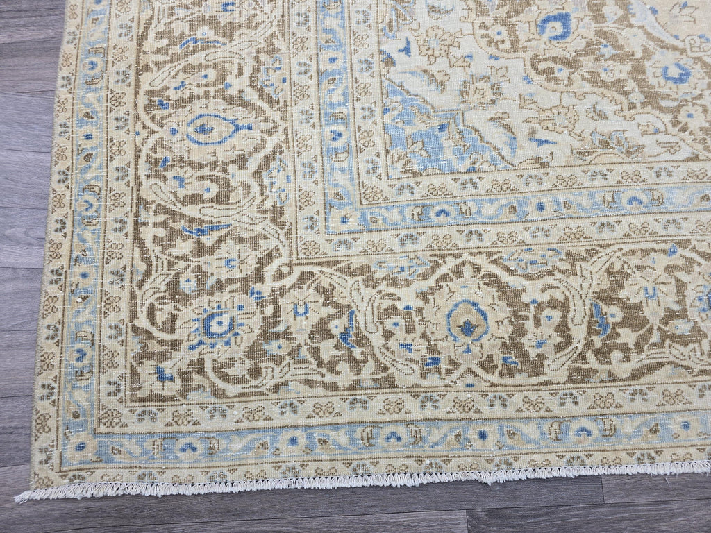Vintage Oushak Rug 9x12: Handmade Wool, Blue Beige Floral Medallion