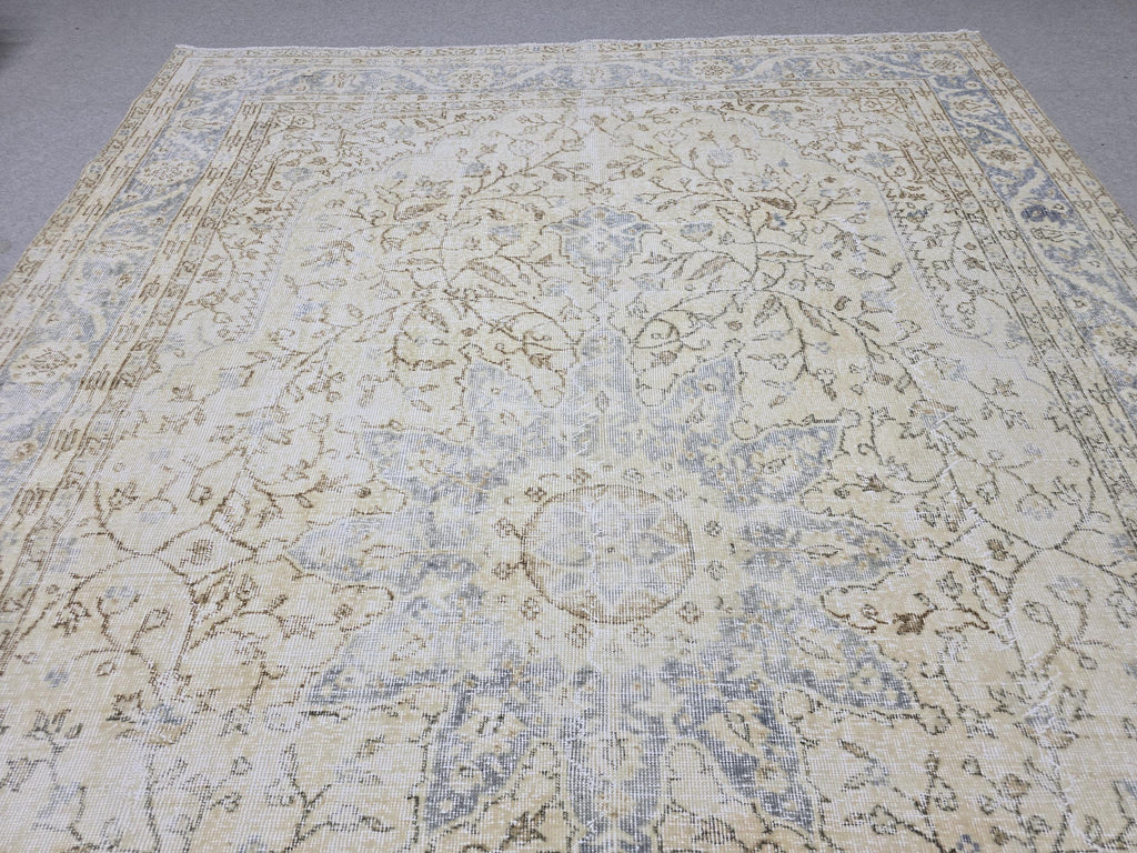 Oushak Rug 7.50x10.60 feet, Blue Medallion Turkish Carpet, Muted Cream Beige Floral, Vintage Tabriz Style Area Rug, Living Room