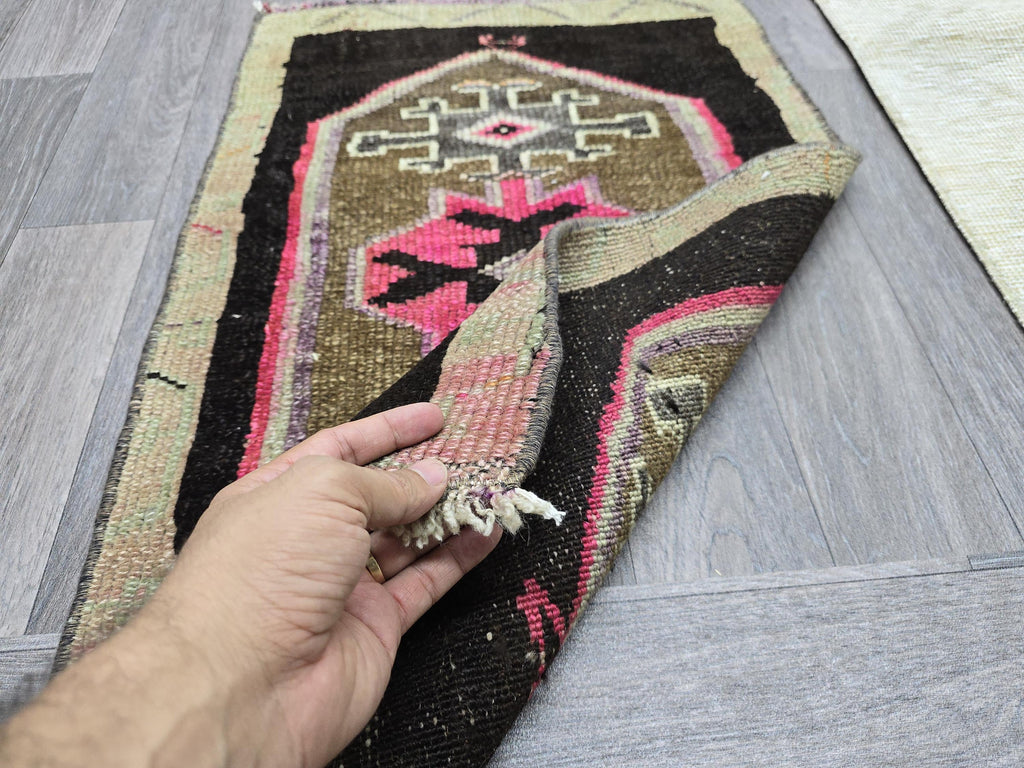 Vintage Turkish Wool Rug: Black & Pink Geometric Oushak Doormat (2x3 ft)