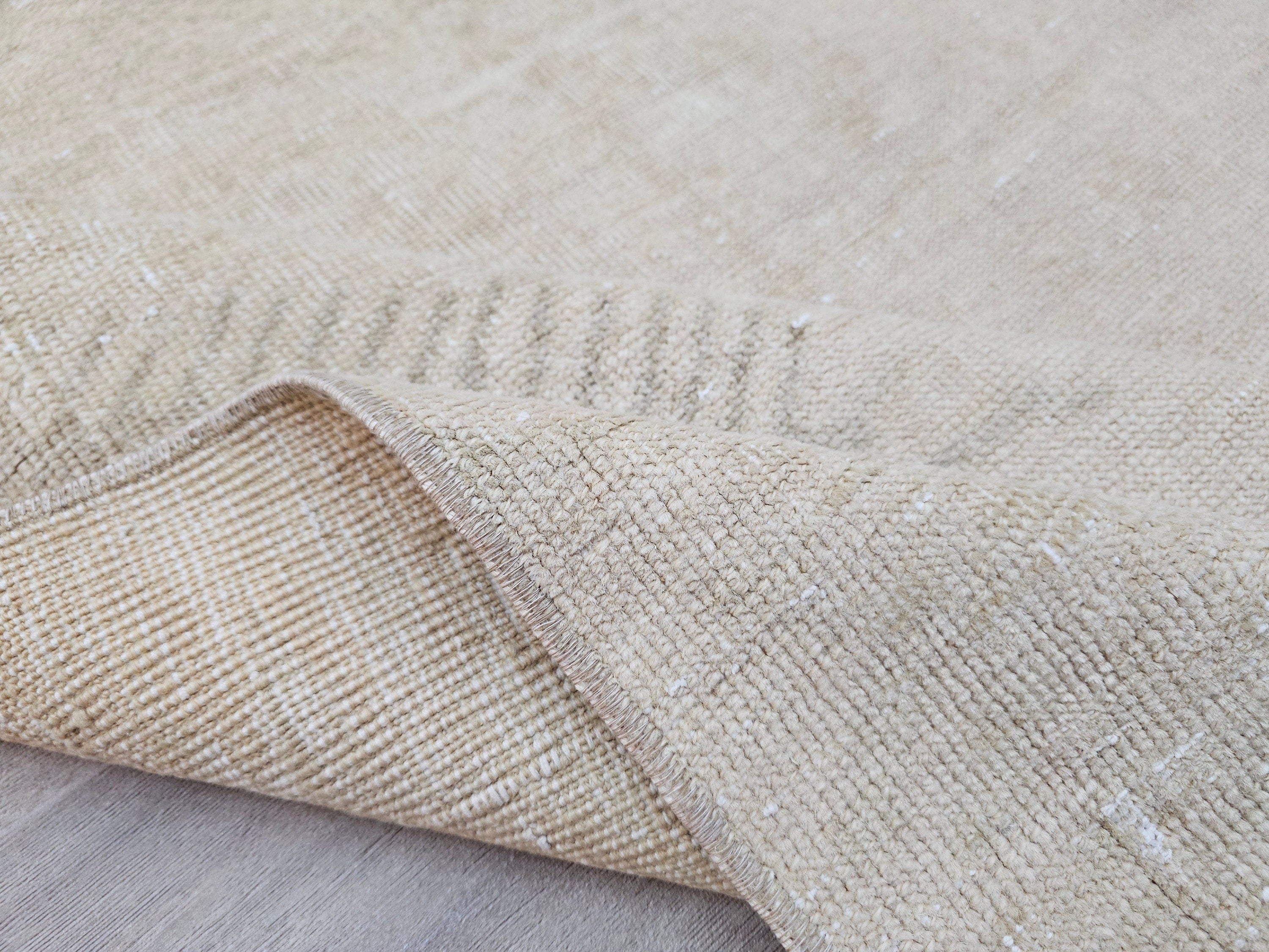 Hand Knotted Wool Turkish Runner Rug: Beige Brown Oushak, 4x12.5 ft