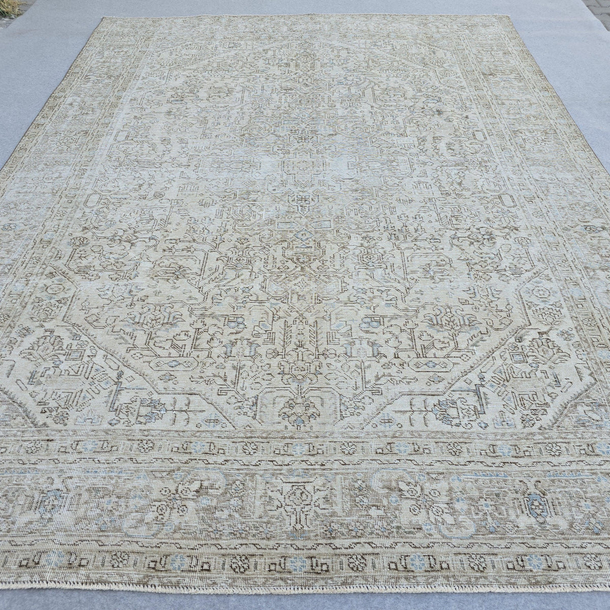 Turkish Rug 9x12 : Beige Blue Cream Taupe Wool Oushak Area Rug