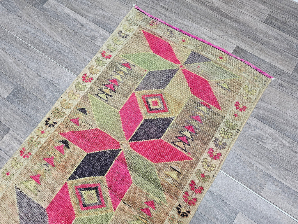 Vintage Wool Runner Rug: 3x11 Herki Turkish Hallway Rug
