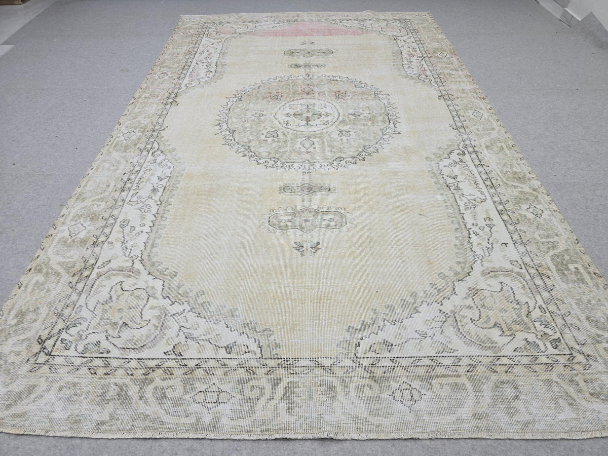 Oushak Rug 7x10, Neutral Beige Turkish Wool Carpet, Vintage Hand Knotted Area Rug for Living Room, Muted Medallion Isparta, Farmhouse Decor