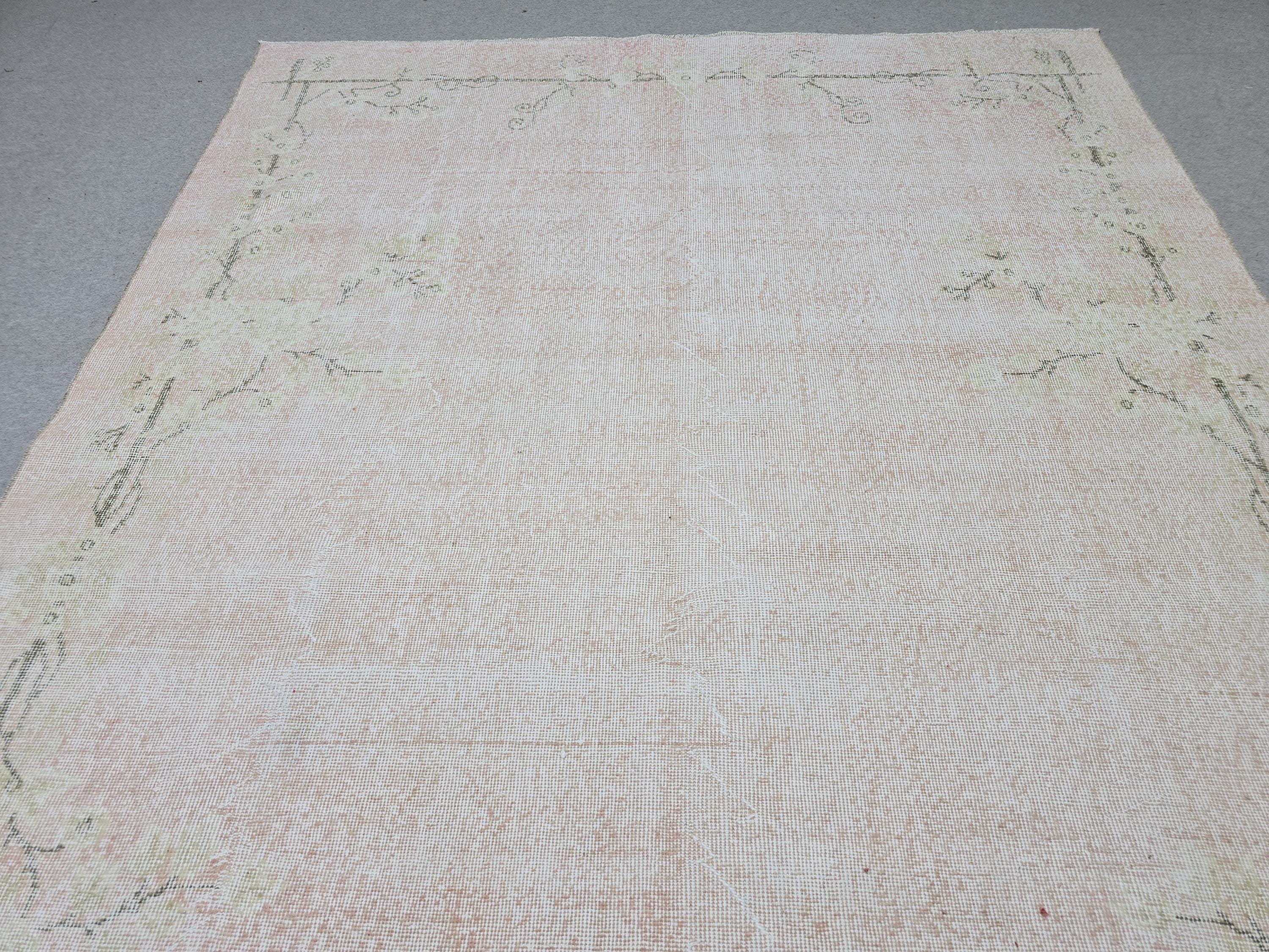Oushak Rug 7x10, Faded Blush Pink Hand Knotted Turkish Area Rug, Muted Neutral Wool Carpet, Boho Bedroom Living Room Farmhouse Decor