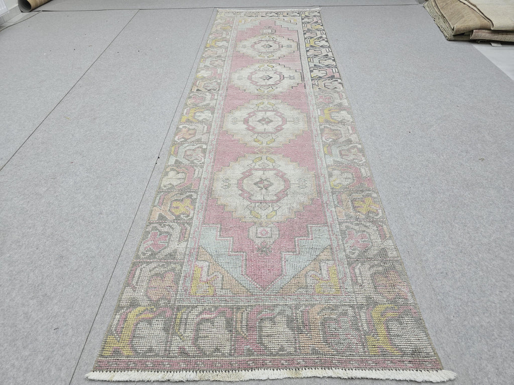Turkish Rug 3x10, Pastel Pink Runner Rug, Hand Knotted Wool Oushak Runner, Faded Muted Hallway Rug, Vintage Boho Nursery Stair Anatolian rug