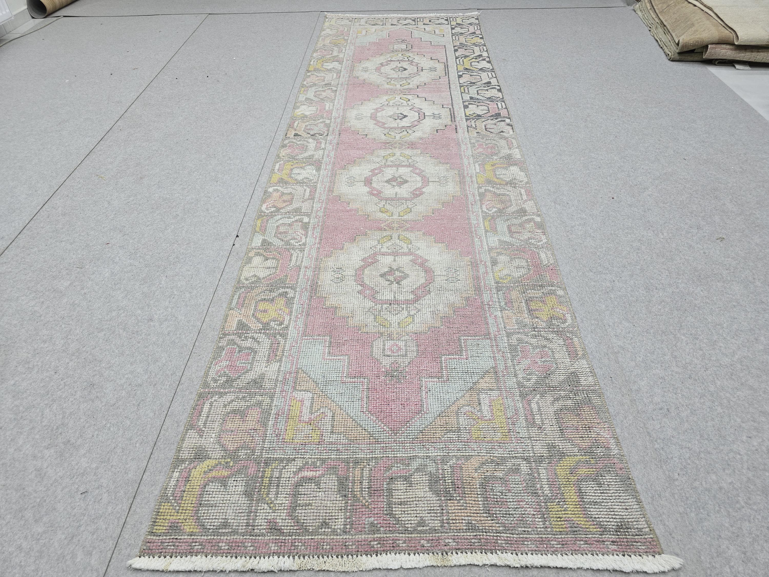 Turkish Rug 3x10, Pastel Pink Runner Rug, Hand Knotted Wool Oushak Runner, Faded Muted Hallway Rug, Vintage Boho Nursery Stair Anatolian rug