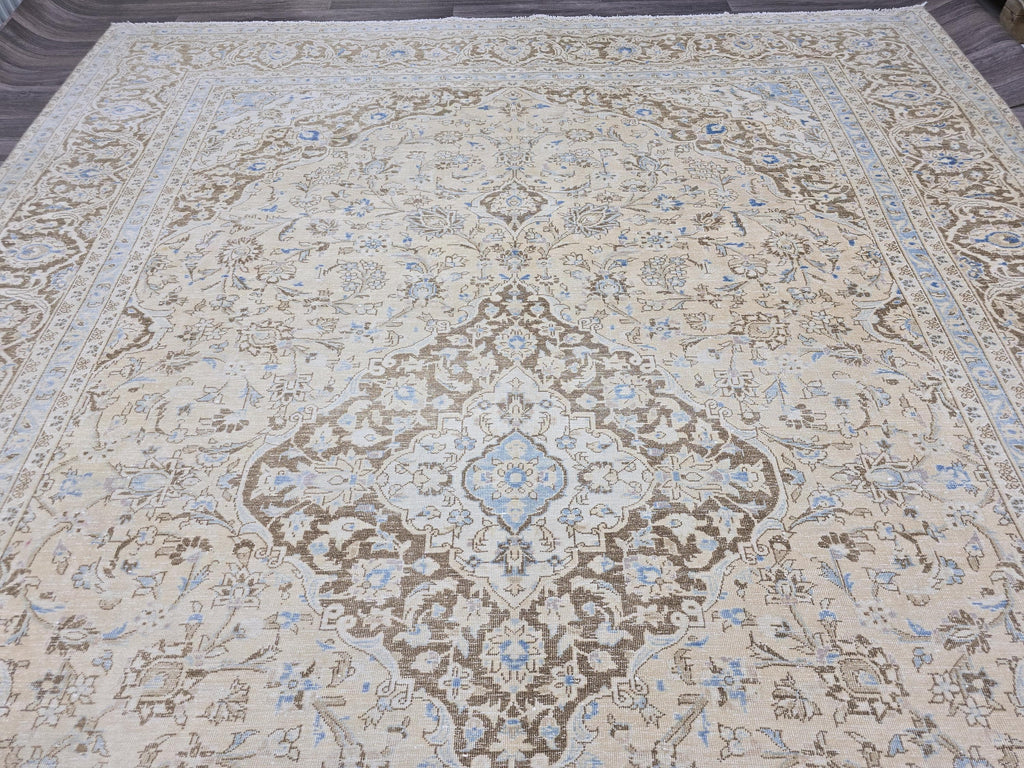 Vintage Oushak Rug 9x12: Handmade Wool, Blue Beige Floral Medallion