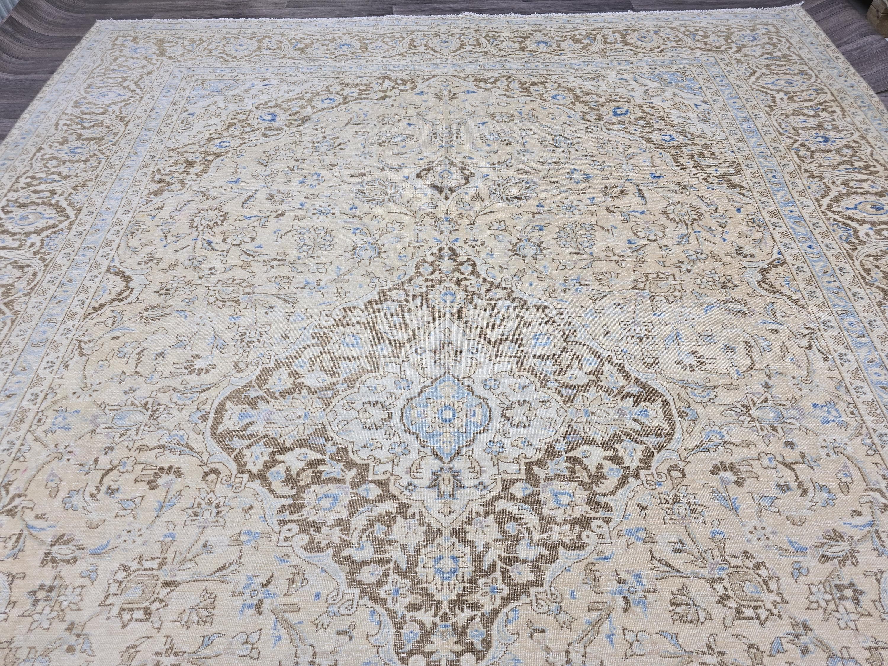 Vintage Oushak Rug 9x12: Handmade Wool, Blue Beige Floral Medallion