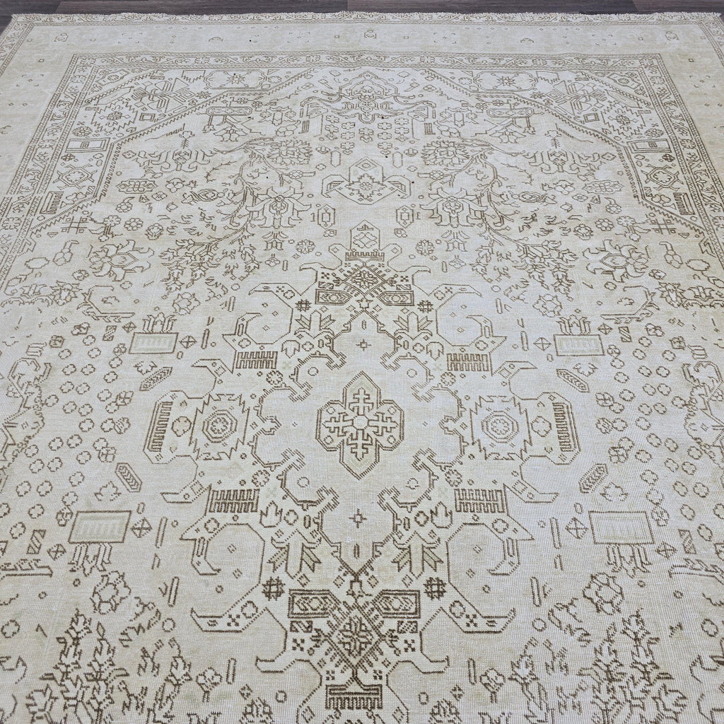 Oushak Rug 8x11: Vintage Turkish Wool Area Rug, Neutral Distressed Geometric
