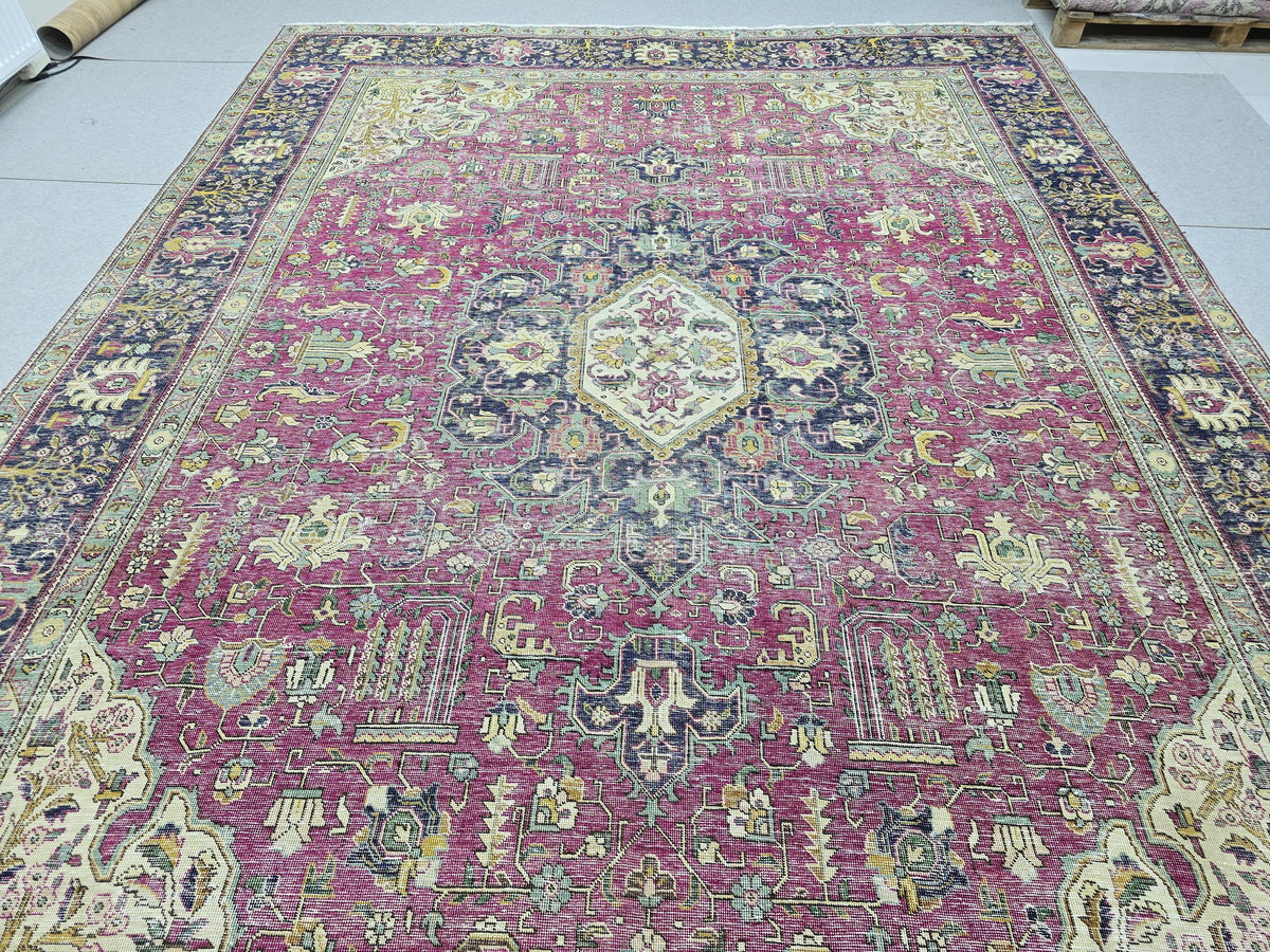 Hand Knotted Oushak Rug 9x13, Bold Magenta Floral Turkish Wool Carpet