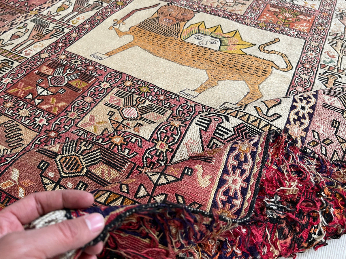 Vintage Silk Soumak Rug: Hand-Embroidered Kilim, Decorative Anatolian Rug (4.25x6.80 ft)