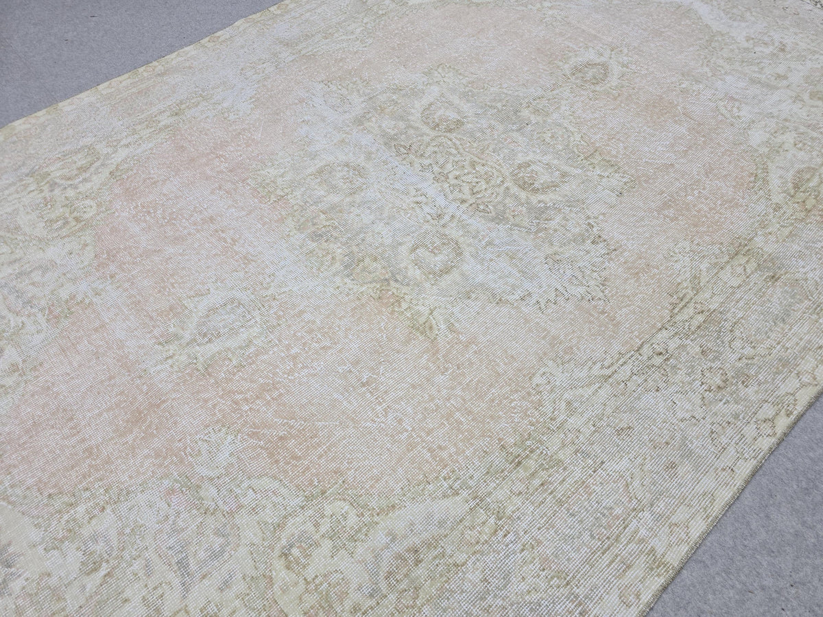 Vintage Rug 6x9, Faded Oushak Carpet, Muted Medallion Turkish Area Rug for Bedroom, Distressed Neutral Wool Rug