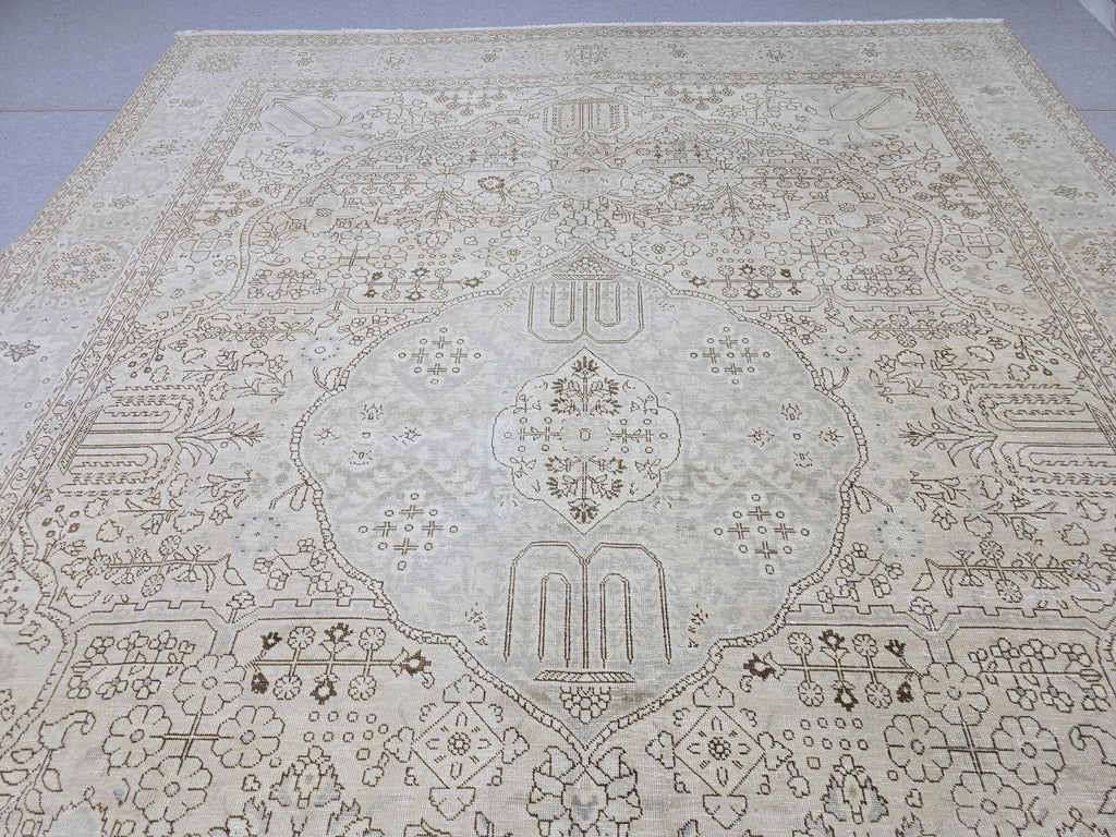 Oushak Rug 9x12, Muted Beige Cream Vintage Turkish Area Rug, Medallion Floral Wool Rug for Living Room