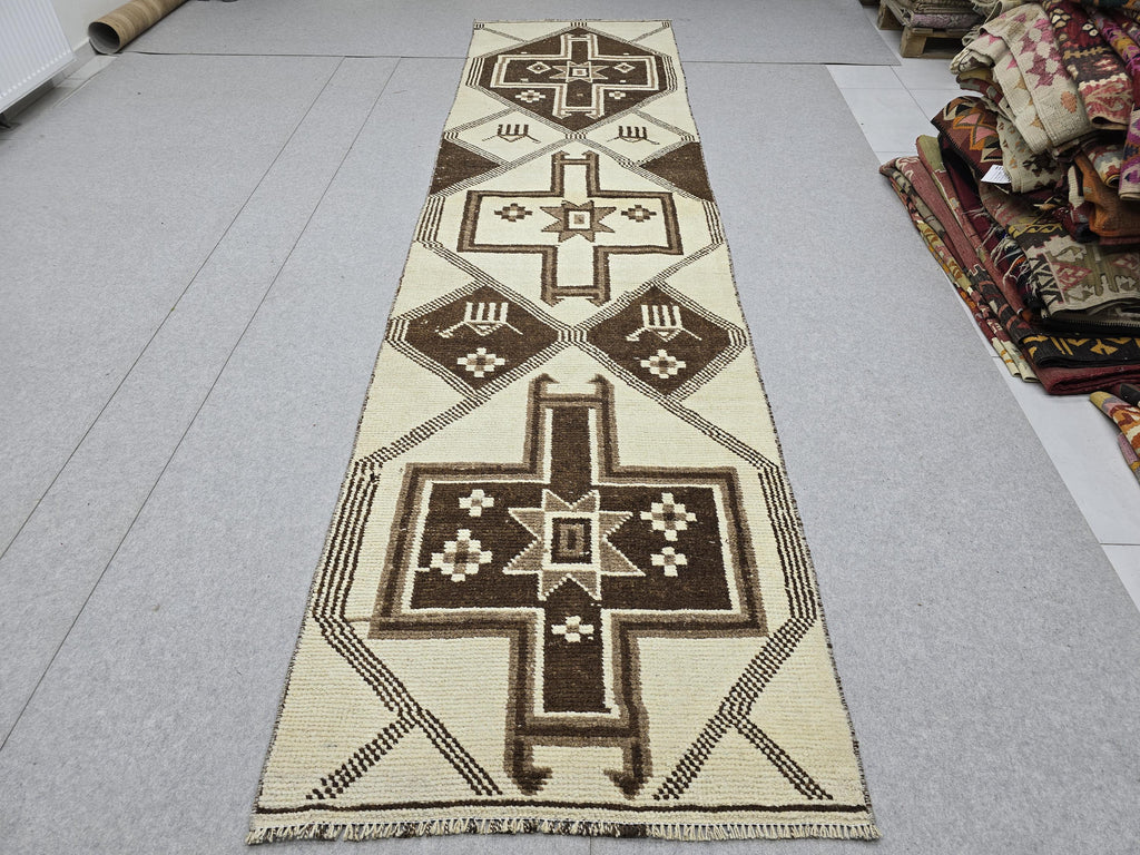 3x12 Neutral Hand Knotted Wool Turkish Runner - High Quality Muted Wool Oushak Runner for Kitchen, Hallway and Entry, Boho Decor rug runner
