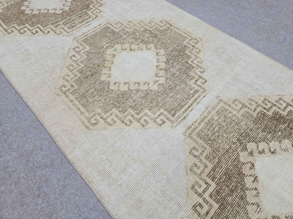 Oushak Rug 3x12, Distressed Neutral Runner, Hand Knotted Wool Turkish Runner, Faded Oatmeal Hallway Rug, Vintage Boho Stair Carpet