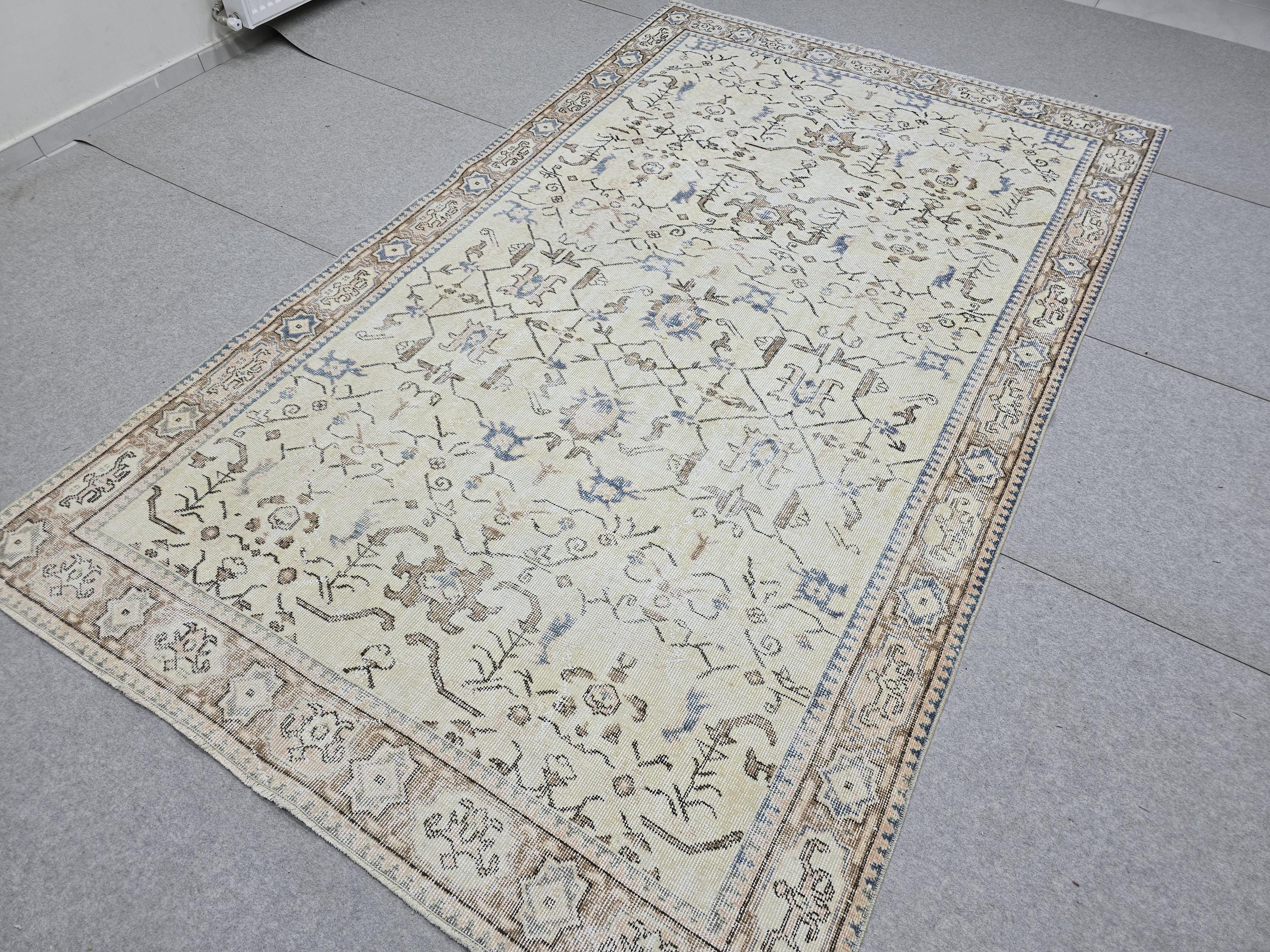 Vintage Turkish Oushak Rug 6x9, Hand Knotted Cream Blue Floral Carpet