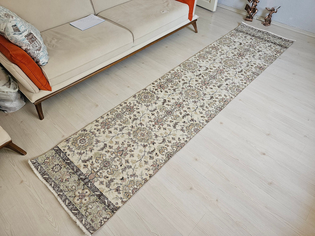 Hand Knotted Wool Runner Rug: 2x10 Vintage Floral Oushak Design