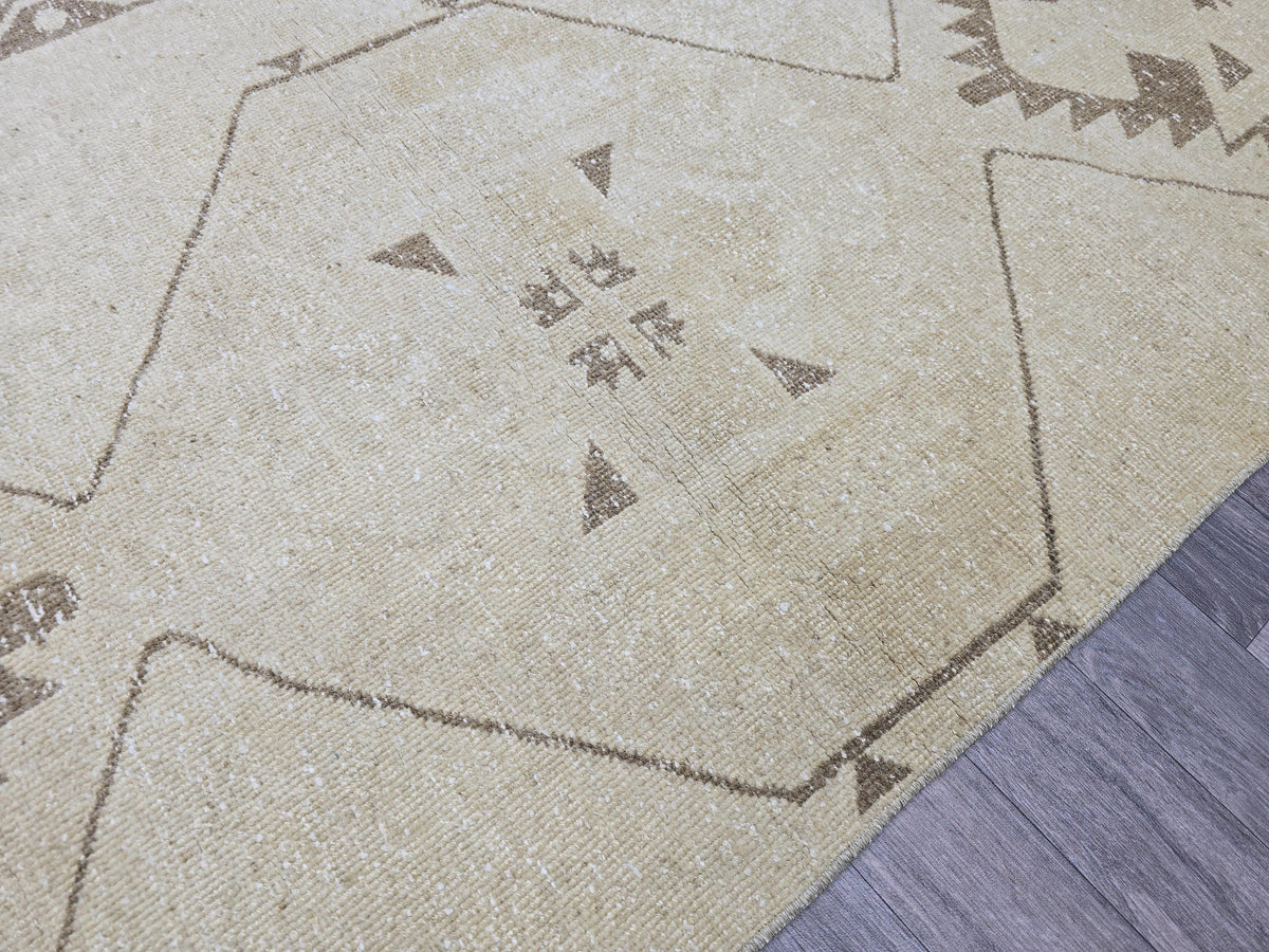 Vintage Anatolian Runner Rug: Cream Beige Wool Hallway Carpet (3.4x13.6 ft)