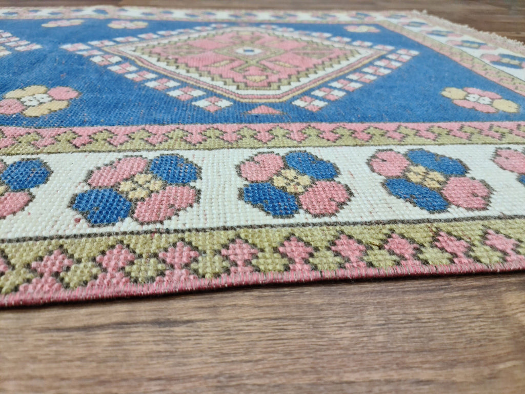4x6 Small Turkish Rug: Small Vintage Geometric Blue Oushak (4.2x6.4 ft)