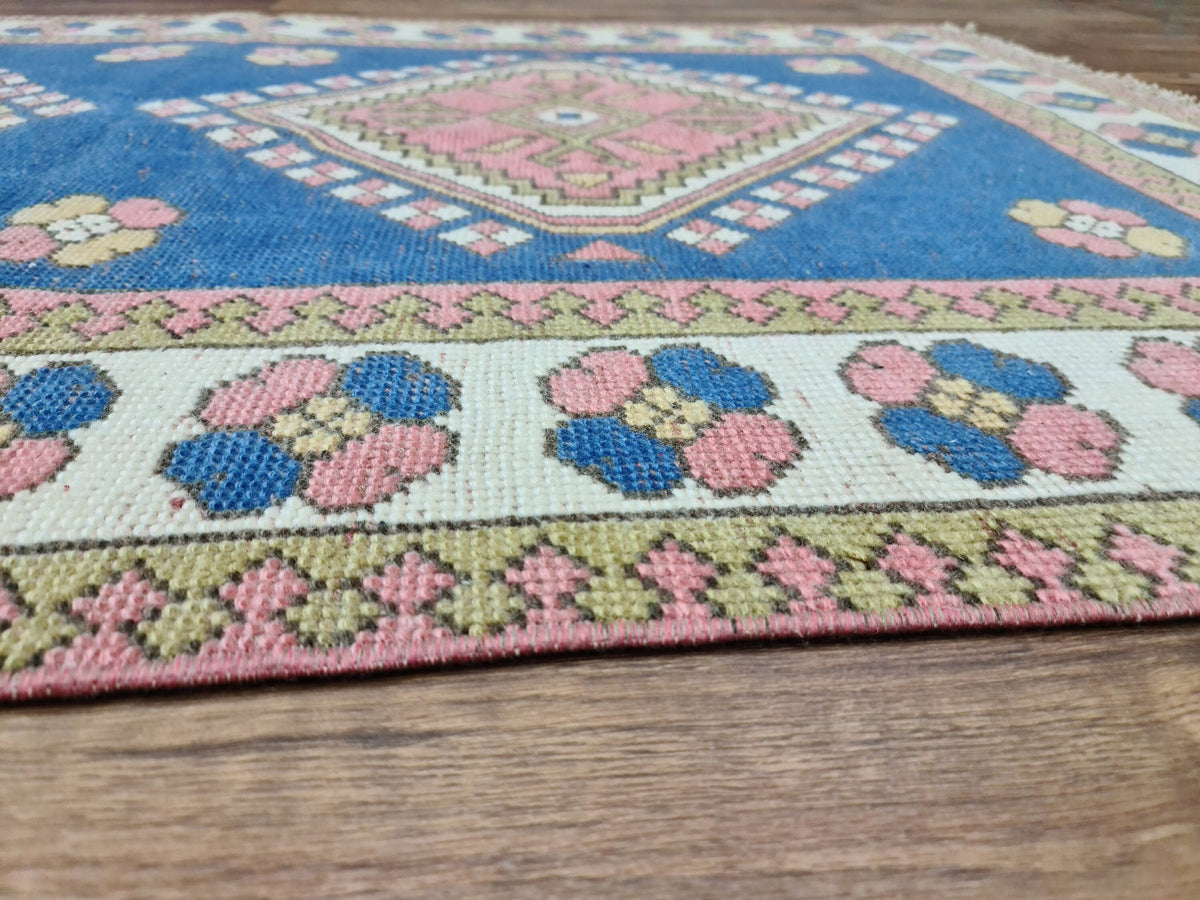 4x6 Small Turkish Rug: Small Vintage Geometric Blue Oushak (4.2x6.4 ft)