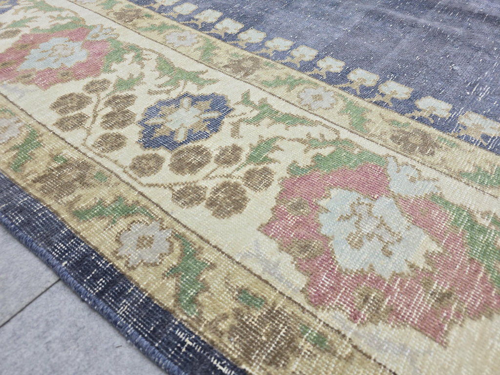 Vintage Turkish Hand-Knotted Wool Rug, Blue Medallion Distressed Area Carpet (10x12)