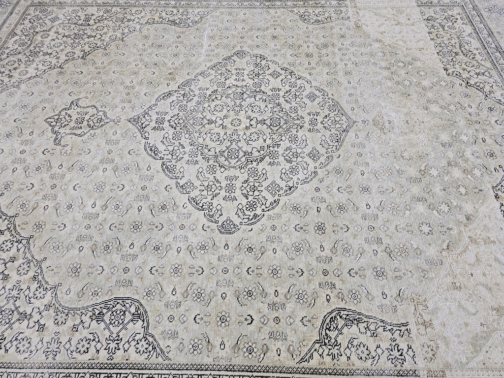 10x12 Vintage Rug | Cream Ivory Tabriz Style Hand Knotted Wool Rug | Neutral Beige Turkish Carpet 9x12