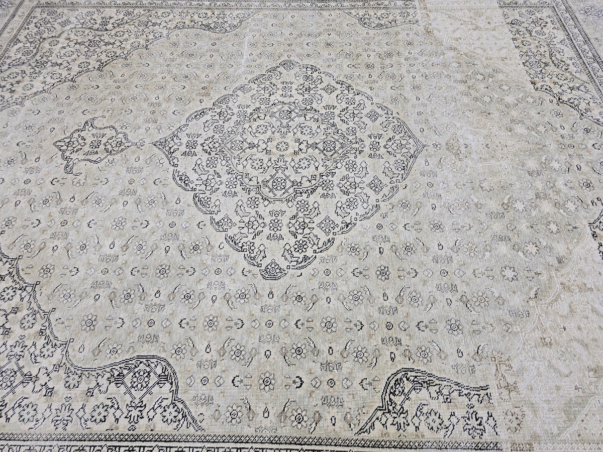 10x12 Vintage Rug | Cream Ivory Tabriz Style Hand Knotted Wool Rug | Neutral Beige Turkish Carpet 9x12