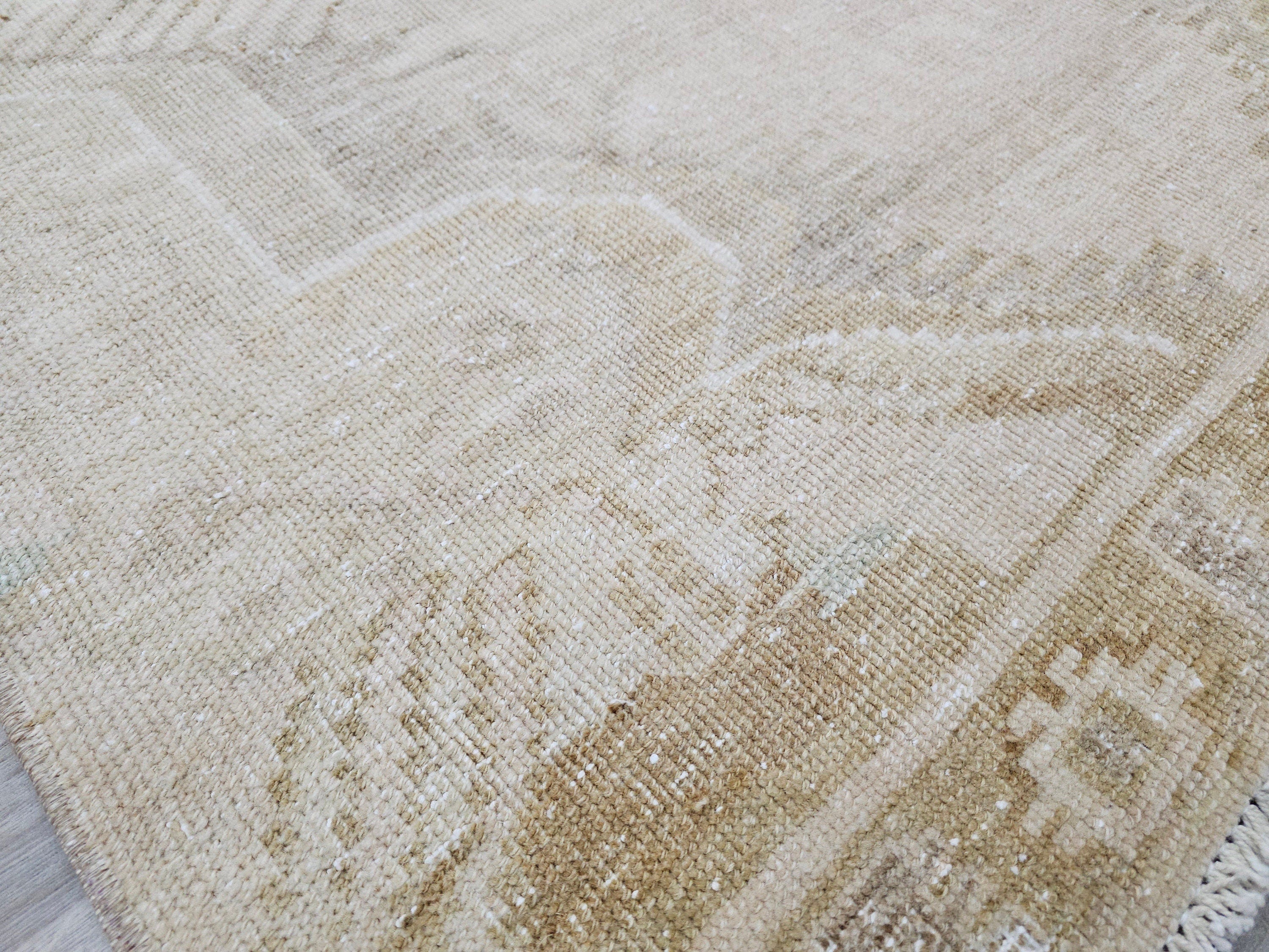Hand Knotted Wool Turkish Runner Rug: Beige Brown Oushak, 4x12.5 ft