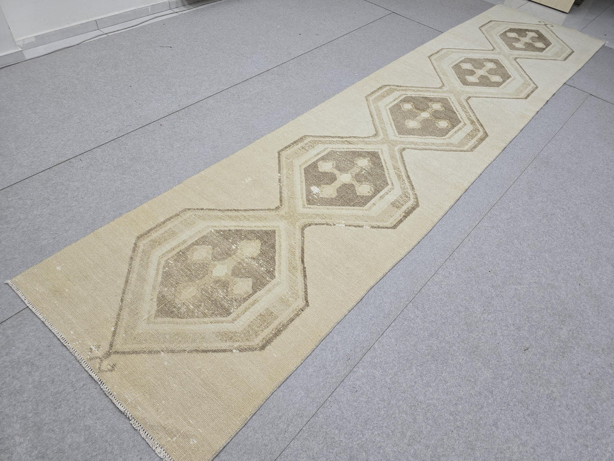 3x15 Turkish Runner Rug, Neutral Faded Vintage Wool Hallway Runner, Extra Long Distressed Anatolian Medallion Corridor Rug, Boho Decor