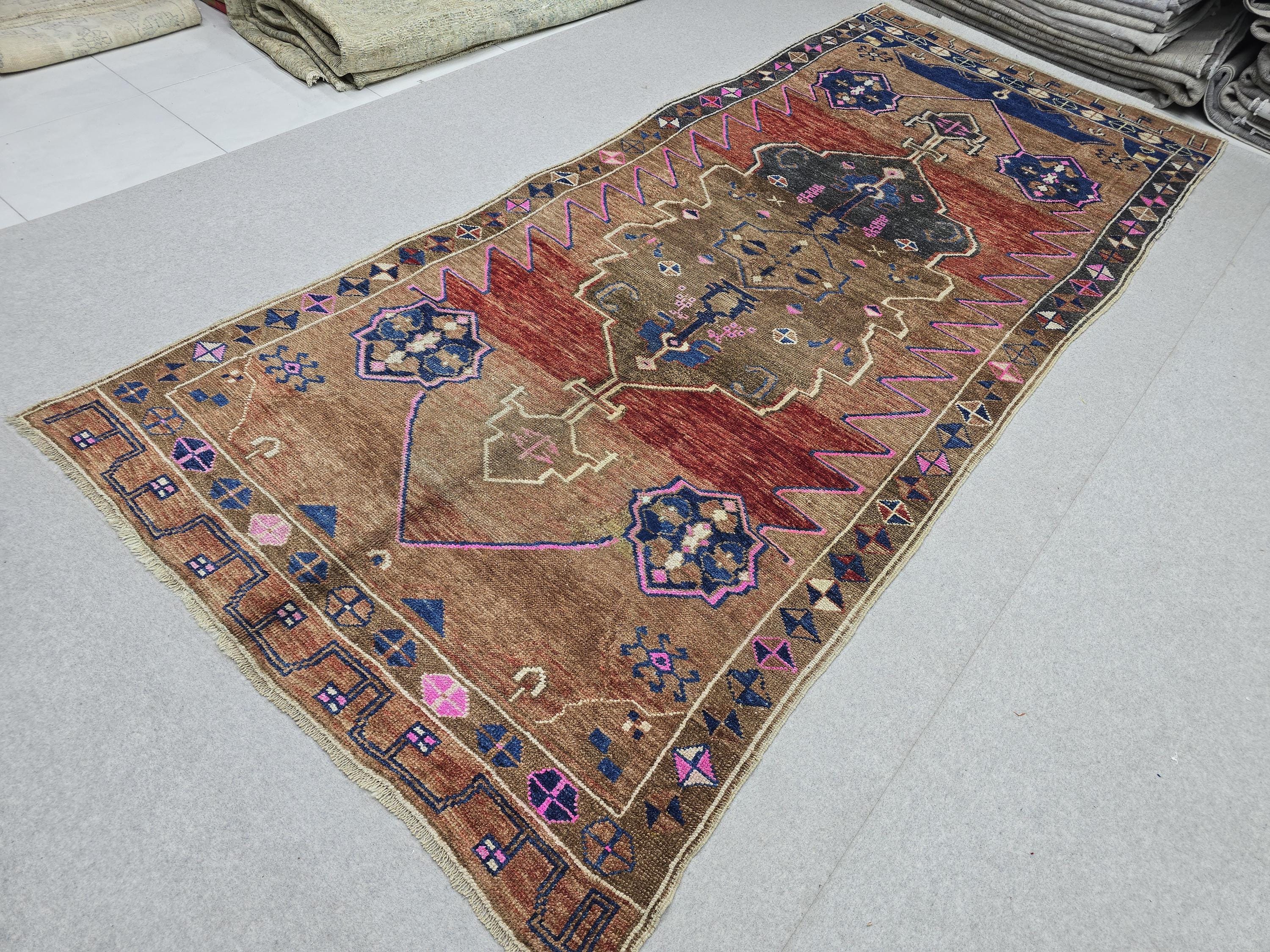 Turkish Oushak Rug 5x13, Vintage Wide Runner Rug, Hand Knotted Wool Kars Rug,  Anatolian Hallway Rug, Brown Red Boho Living Room Carpet